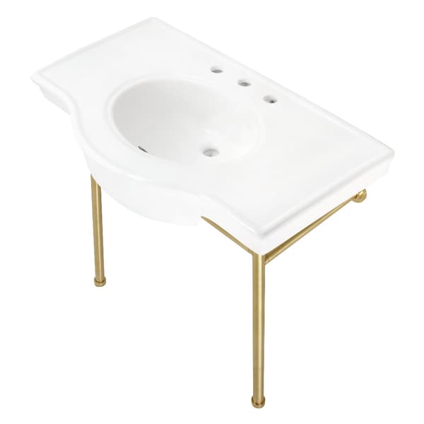 Fauceture 37" Ceramic Console Sink with Stainless Steel Legs, White/Brushed Brass VPB28140W8BB - main